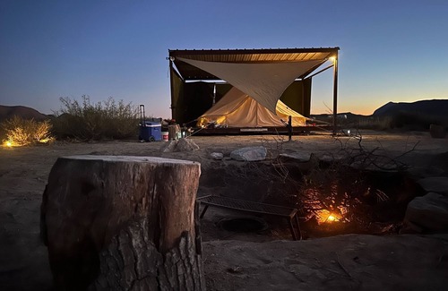 Alpine RV Rental | Amazing cozy, rustic open air Glamp tent under shade with WiFi, walk in fire pit