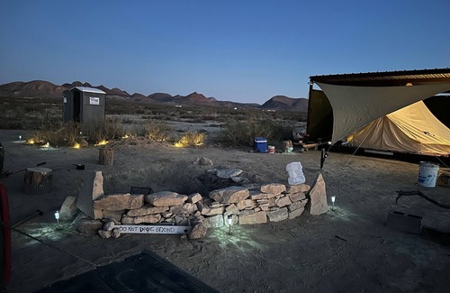 Alpine RV Rental | Amazing cozy, rustic open air Glamp tent under shade with WiFi, walk in fire pit