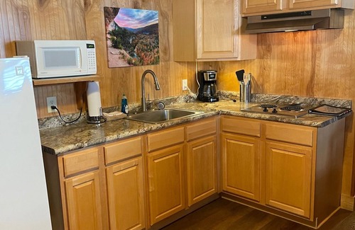 Branson Cottage | Buffalo River Cabin has 1 bedroom with queen size bed, 1 twin bunk bed in hallway, 1 futon in main l