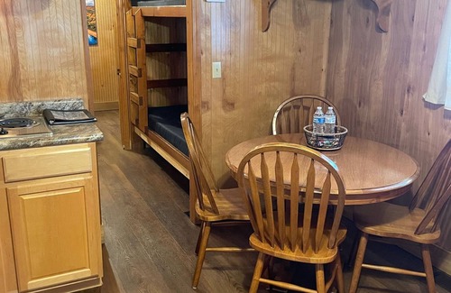 Branson Cottage | Buffalo River Cabin has 1 bedroom with queen size bed, 1 twin bunk bed in hallway, 1 futon in main l