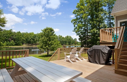 Bumpass House | Custom lakefront home with private beach, dock & firepit