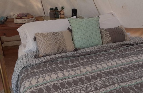 Spring Branch RV Rental | Hill Country Glamping Getaway Queen Bed and AC