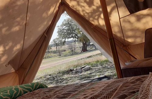 Spring Branch RV Rental | Hill Country Glamping Getaway Queen Bed and AC