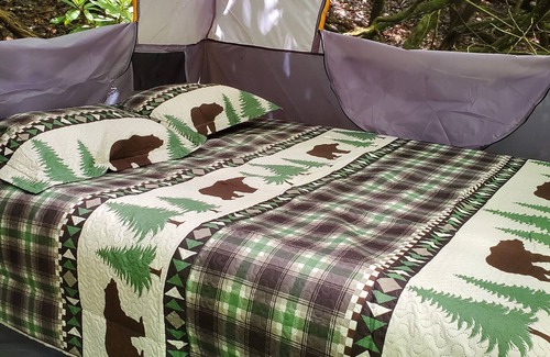 Black Mountain RV Rental | Hillside Deck Tent Camping on private wooded property.