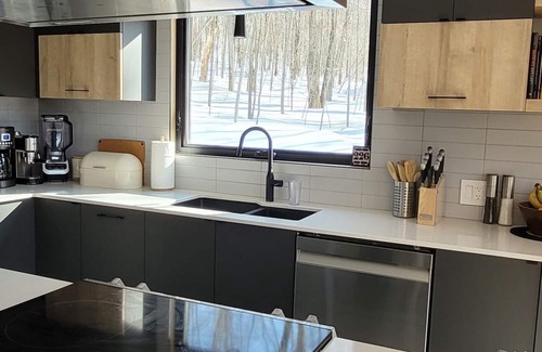 Lac Superieur Village Ski Chalet | New, cozy, modern, access to lake, kayaks, pool, tennis.