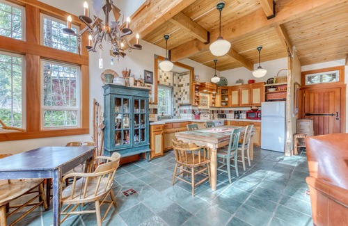 Mount Hood Village Cabin | Riverfront home close to skiing & fishing with beach access & huge VHS library