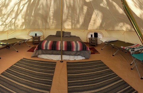 Spring Branch RV Rental | Shady Oaks Glamping Tent Queen Bed, 2 Cots, AC and Electricity