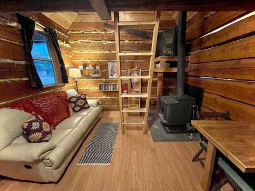 Broad Axed Rustic Log Cabin with Cozy Woodstove