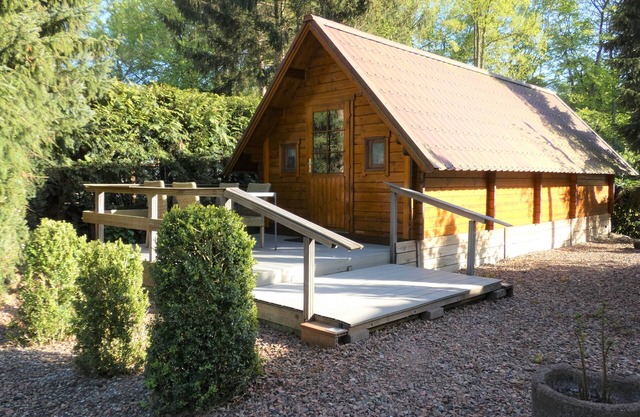Cozy log cabin for rent against forest