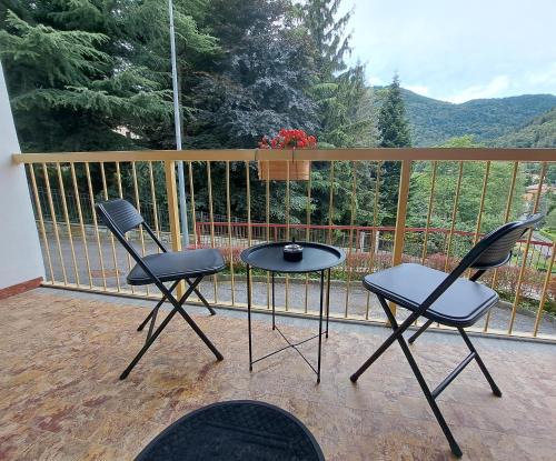 Dinky's apartment with a balcony overlooking the woods