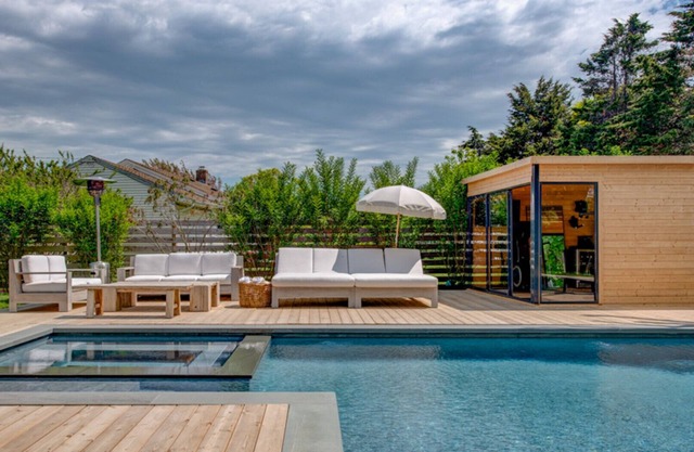 Eclectic-style home with private pool, fitness studio, open-floor plan,.