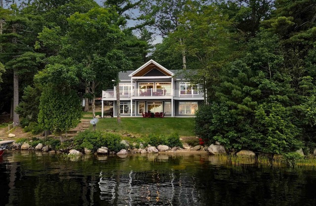 Elegant lakefront home near Bar Harbor & Acadia with modern kitchen, lake views