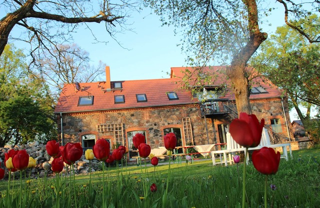 Lovingly restored fieldstone barn with fireplace and woodchip heating.