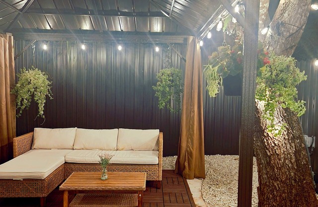 Modern mobile home with pool and private patio.