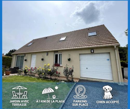 Saint Ho Mer Maison lumineuse vue mer 8 pers 4 chambres 2 sdb 2 WC étage rénové en 2025 belle terrasse grand jardin clos parking 8 mn à pied petite plage grand jardin près de Port en Bessin, Bayeux et plage Omaha beach