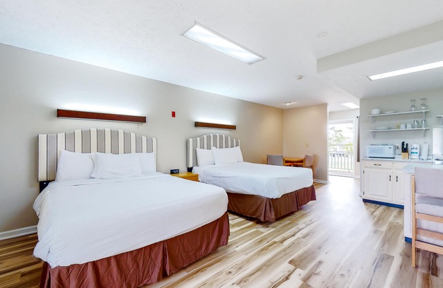 Second-floor studio with quiet view, patio & gym - walk to Douglas Lake, dogs OK