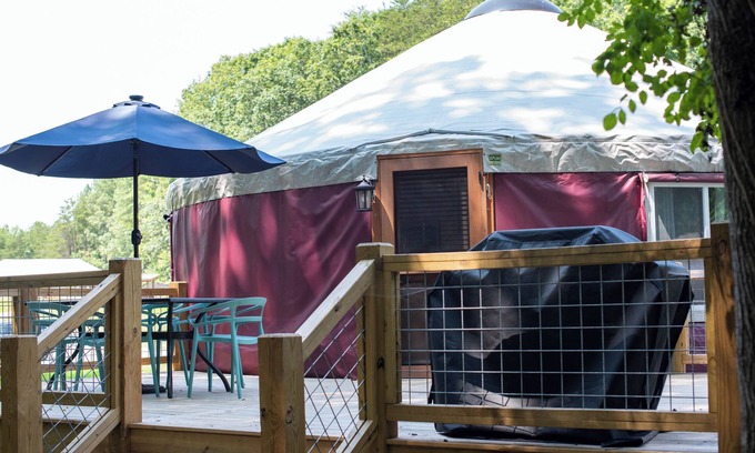 Mill Spring House | 30' Yurt with a large deck, on the creek, full kitchen, dome skylight, 2 bedrooms, sleeps 5.