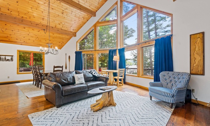 Adirondack House | 8.5-acre lakefront retreat with private beach, deck, grill, firepit, & game room