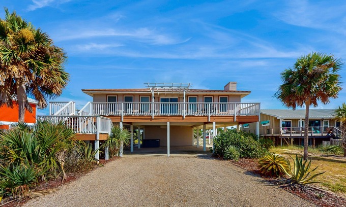 St. George Island House | Beach view home with a pool, hot tub, covered deck, washer/dryer & central AC
