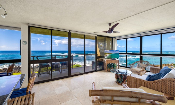 Poipu Condo | Best Oceanfront - Walls of windows on famous surf and sunset, 2BR/2BA, A/C