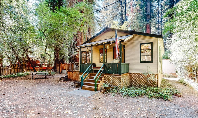 Guerneville House | Classic cabin steps to river, beach - private hot tub & fireplace - dog-friendly