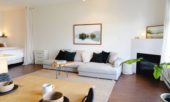 Tofino Condo | Goodview Suite - licensed waterfront studio with a fireplace and patio
