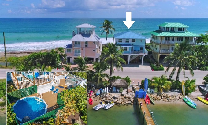 Stuart House | Heaven Can't Wait: ON the BEACH! Heated pool + hot tub, private dock. 9BR/5BA