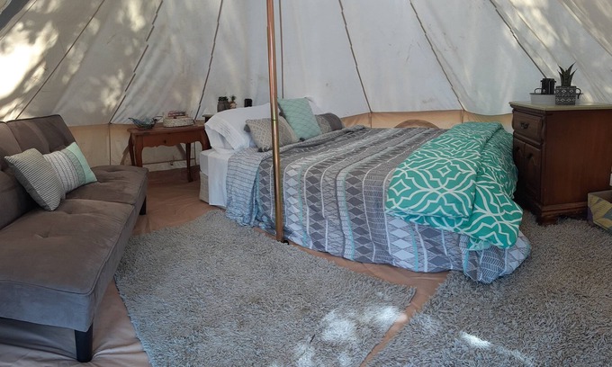 Spring Branch RV Rental | Hill Country Glamping Getaway Queen Bed and AC
