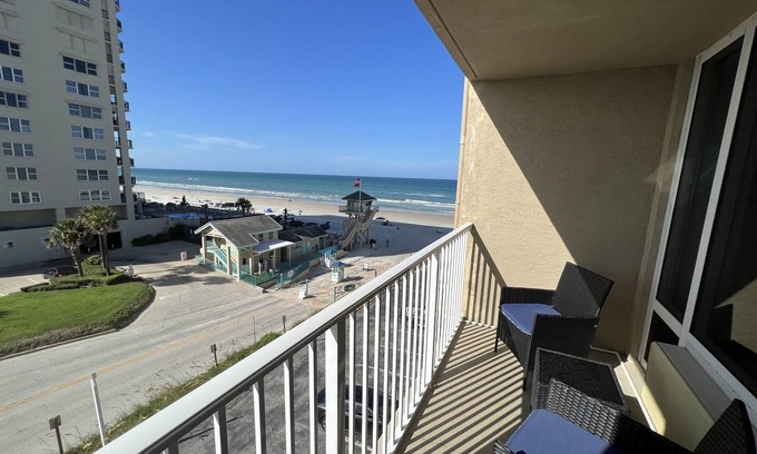 Daytona Beach Shores Apartment | Ocean View Modern Remodeled in Pirates Cove, Balcony, Full Stove!