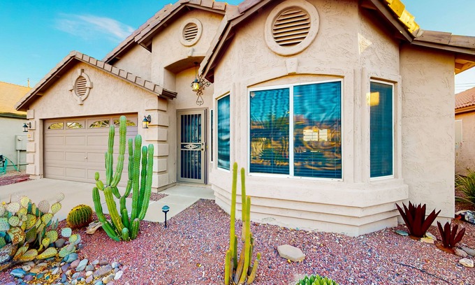 Gold Canyon House | Southwestern home with colorful patio, sparkling pool, grill & dart board