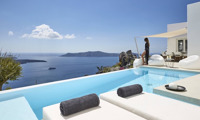 Firostefani Villa | Villa Etheras, heated private pool, 2 bedrooms, amazing views of the caldera