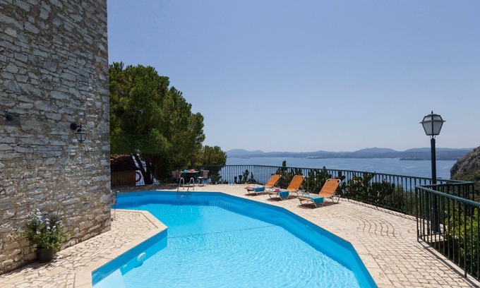 Barbati Villa | Villa Lithari - Olive Press: imposing sea & mountainside view by the pool