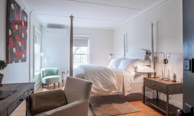 Southold Bed & Breakfast | Vine + Sand-Southold, NY'S Newest B&B-Room 4-Queen Bed and Adjacent Bathroom With Rain Shower