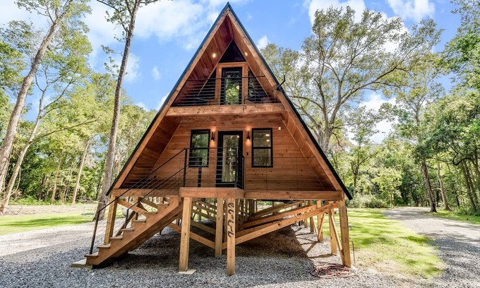 New Iberia Cabin | Modern A-Frame Cabin by Rip Van Winkle Gardens w/ Hot Tub & Fireplace!